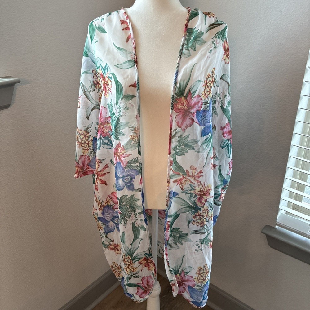 Live 4 Truth Womens 1X White Floral Sheer Kimono Cardigan Open Front Boho Layer